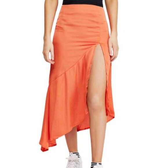 Free People LOLA ASYMMETRICAL SLIT SKIRT IN BRIGHT ORANGE Size 8 New With Tag - Picture 1 of 11